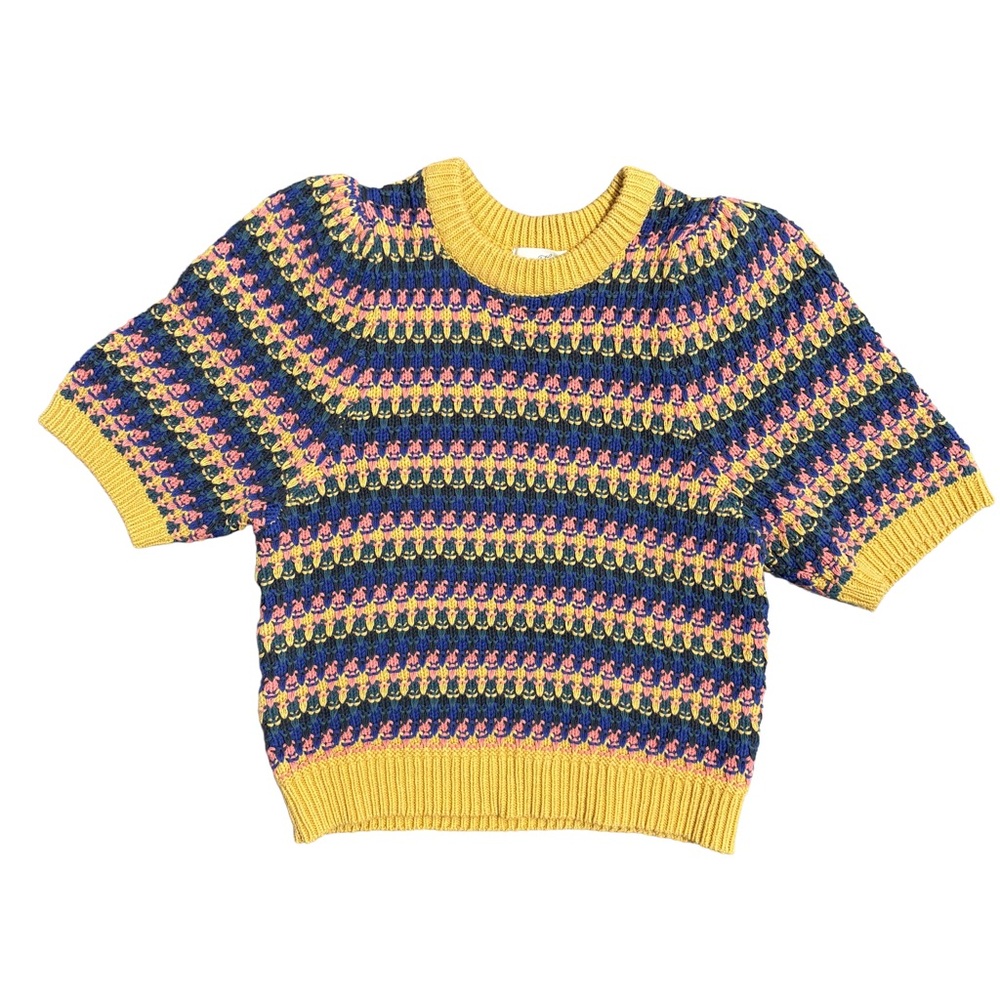 Women's Short-Sleeve Knit Sweater - Mustard Multicolored - Picture 5 of 8